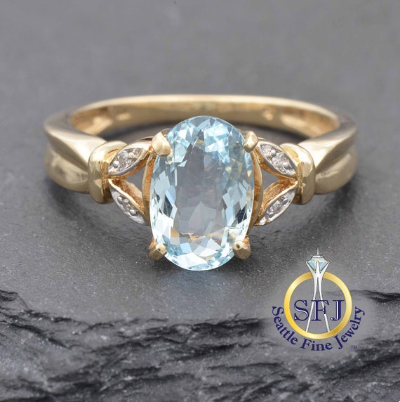 Aquamarine and Diamond Ring, Solid Yellow Gold - image 1