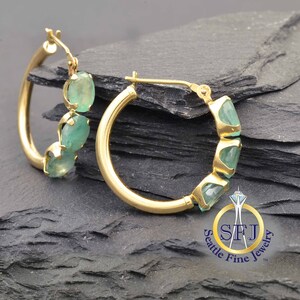 Natural Emerald Hoop Restored Vintage Earrings 2.2 Carats Solid 14K Yellow Gold