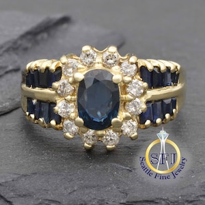 Natural Sapphire and Diamond Restored Vintage Ring, Solid 14K Yellow Gold