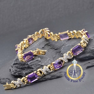 14K Amethyst and Diamond Restored Vintage Bracelet, Solid Yellow Gold