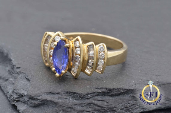 Large Marquise Tanzanite and Diamond Ring, 14K Ye… - image 2