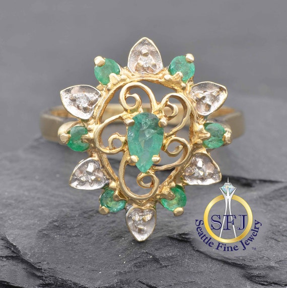 Pear Natural Emerald Halo Ring, Solid Yellow Gold… - image 1