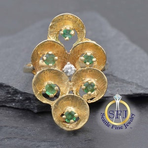 Natural Emerald and Diamond Restored Vintage Vintage Ring, Solid 14K Yellow Gold