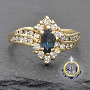 Marquise Natural Sapphire and Diamond Halo Restored Vintage Ring, 14K Yellow Gold