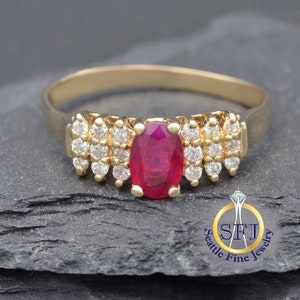 Natural Ruby and Diamond Cathedral Restored Vintage Ring, Solid 14K Yellow Gold