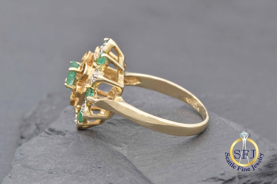 Pear Natural Emerald Halo Ring, Solid Yellow Gold… - image 3