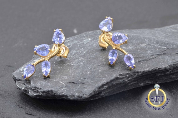 Tanzanite Earrings, Solid 14k Yellow Gold - image 2