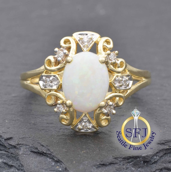 Natural Opal & Diamond Yellow Gold Ring, Ornate Fi