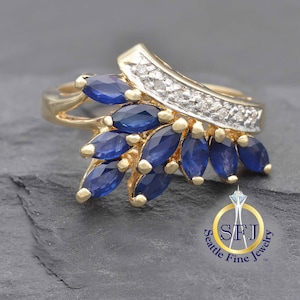 400 - Natural Marquise Sapphire and Diamond Restored Vintage Ring, Solid Yellow Gold