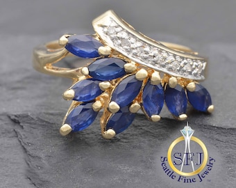 400 - Natural Marquise Sapphire and Diamond Ring, Solid Yellow Gold