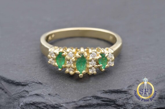Natural Emerald Marquise 3 Stone Ring with Diamon… - image 9