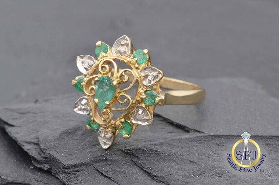 Pear Natural Emerald Halo Ring, Solid Yellow Gold… - image 2