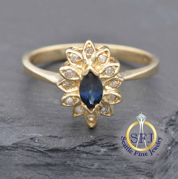 Natural Marquise Sapphire Halo Ring, 14K Yellow Go