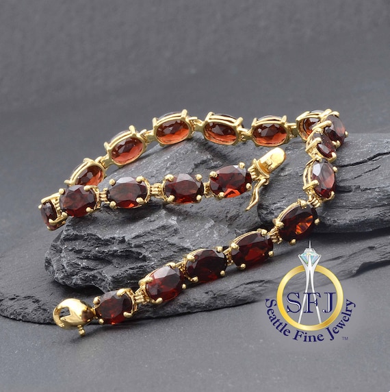 Oval Cut Garnet Bracelet, 14K Solid Yellow Gold - image 1