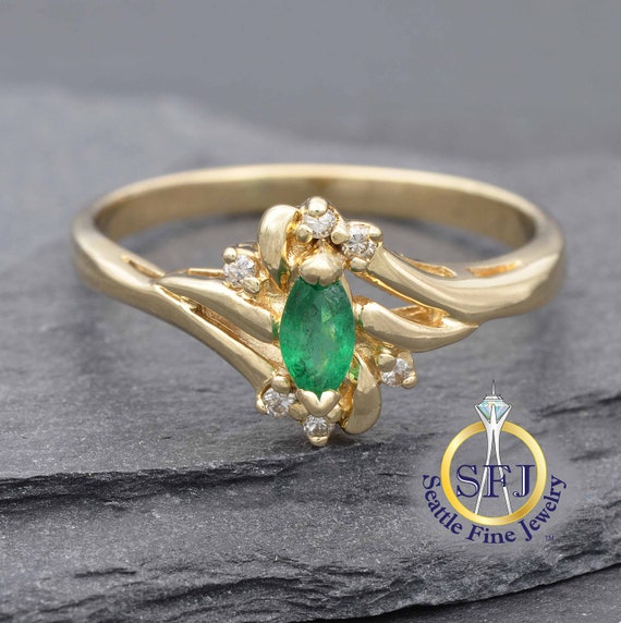 Marquise Emerald and Diamond Halo Ring, Solid 14K… - image 1