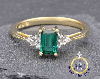 Emerald and Diamond Ring 10K Solid Yellow Gold, Restored Vintage Ring