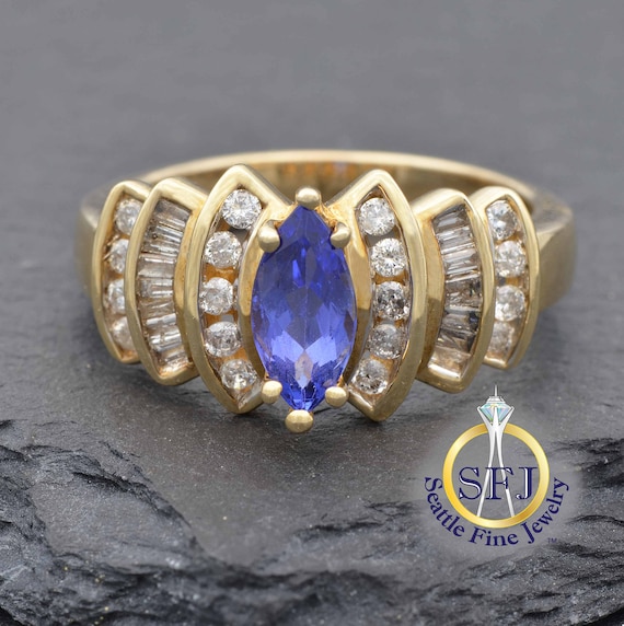 Large Marquise Tanzanite and Diamond Ring, 14K Ye… - image 1