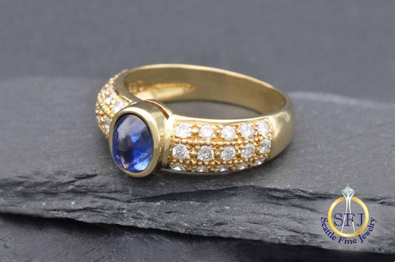 Natural Sapphire and Diamond Solid 18K Yellow Gol… - image 2