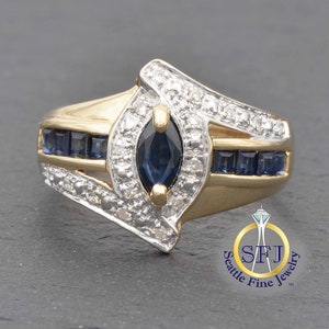 Marquise Natural Sapphire, Princess Cut Sapphire, and Diamond Restored Vintage Ring 14K Yellow Gold
