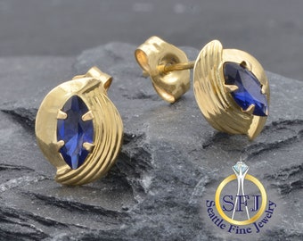 Marquise Sapphire Earrings, Solid 14k Yellow Gold