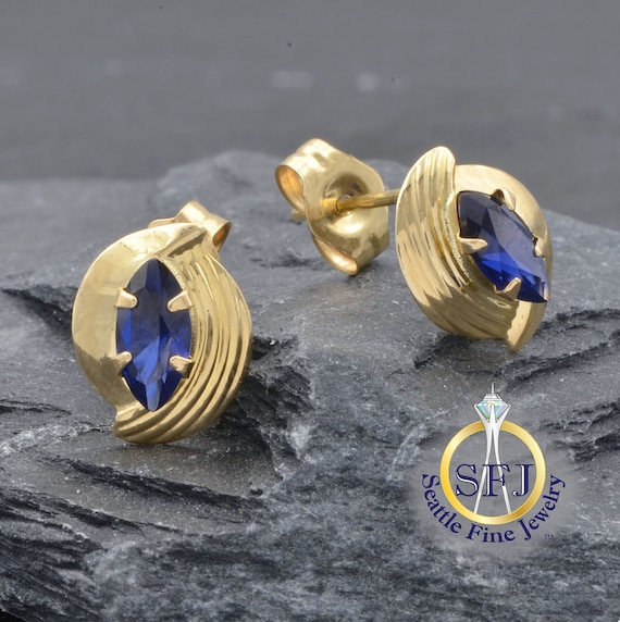 Marquise Sapphire Earrings, Solid 14k Yellow Gold