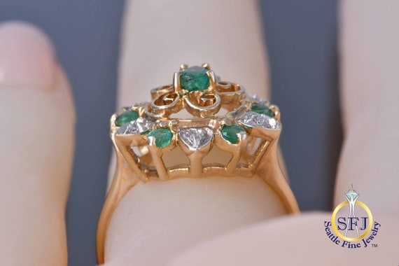 Pear Natural Emerald Halo Ring, Solid Yellow Gold… - image 7