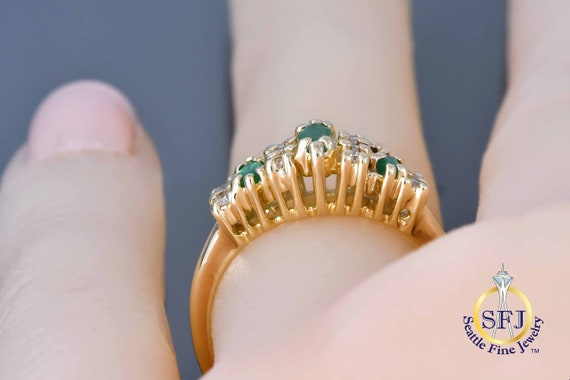 Natural Emerald Marquise 3 Stone Ring with Diamon… - image 7