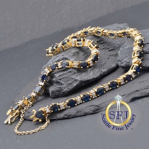 Natural Sapphire and Diamond Restored Vintage Bracelet, Solid 14K Yellow Gold