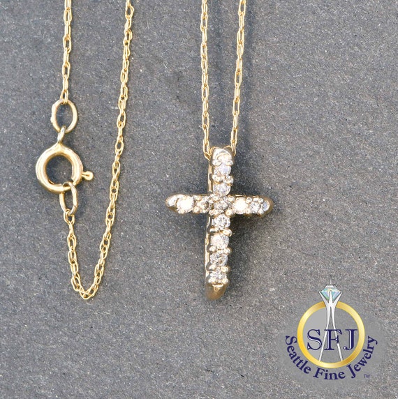 Diamond Cross Necklace, Solid Yellow Gold