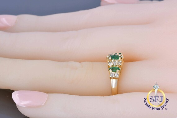 Natural Emerald Marquise 3 Stone Ring with Diamon… - image 6