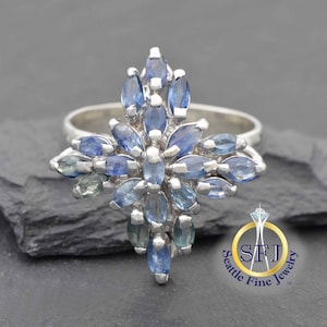 Marquise Natural Sapphire Cluster Ring. Solid Sterling Silver
