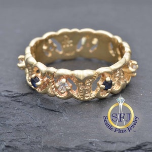 Ornate Sapphire and Diamond Eternity Band Vintage Ring, Filigree 14K Yellow Gold