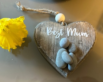 Mothers Day hanging wooden heart Mum pebble art