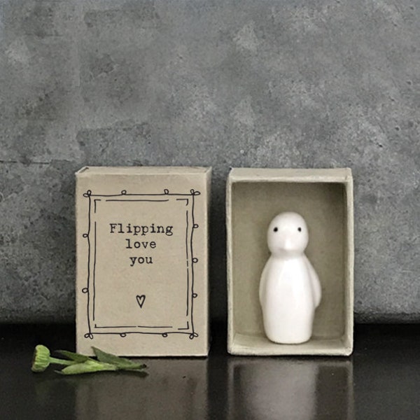 East of India handmade porcelain gift.  Matchbox penguin “Flipping love you ”  Collectable