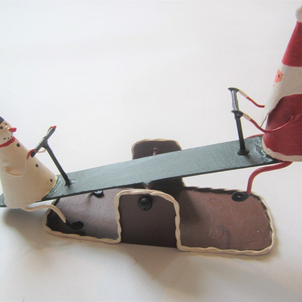 Shoeless Joe Santa and Snowman on see saw Christmas decoration. metal. Hand made. gift. Shelf mantle decoration.