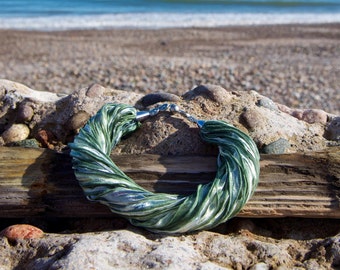 Stylish Twisted Thistles Twister Ribbon Scarf Necklace with Nickel free magnetic fastening. This scarf is called Rannoch Moor.