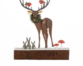 Shoeless Joe stag with robins on antlers Christmas decoration. Wood and metal. Hand made. gift. Shelf mantle decoration.