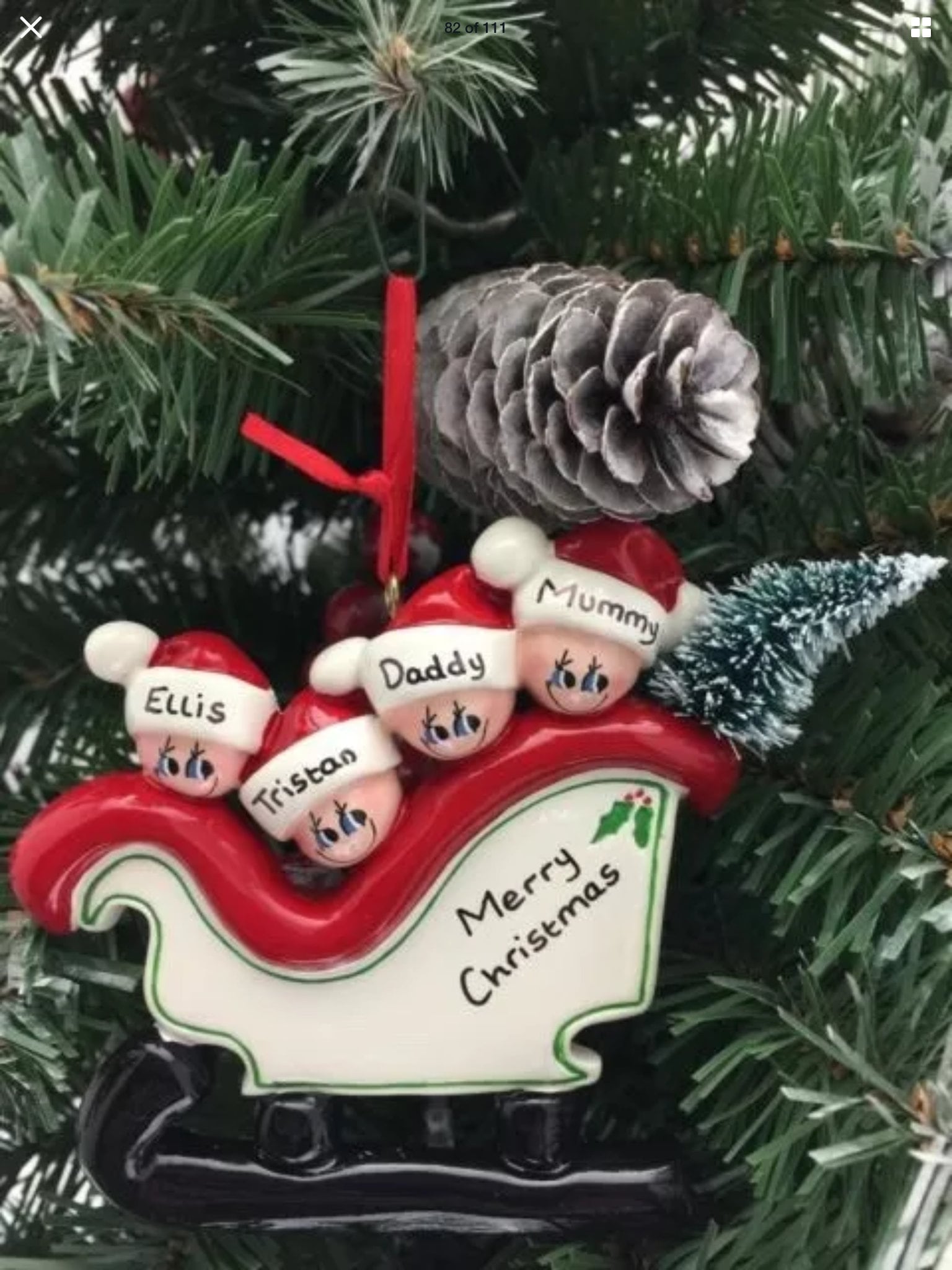 4 in a sleigh. Personalised christmas tree decoration Etsy