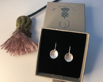 Sterling Silver Earrings Hand Made and designed by The Twisted Thistle. Artisan Silver domed disc with leaf vein pattern earrings.