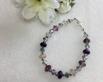 Fluorite gemstone Ladies fashion jewellery green and purple Beaded Bracelet, with Swarovski and sterling silver beads, the perfect gift