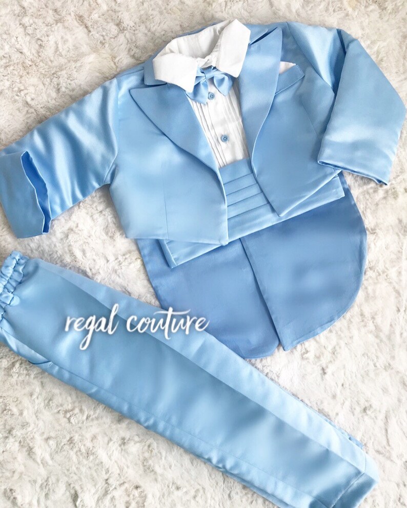 stylish party wear Blue cute boys baptism bow tie all colors,full suit kids jacket Custom made couture tuxedo, Boys smart suit