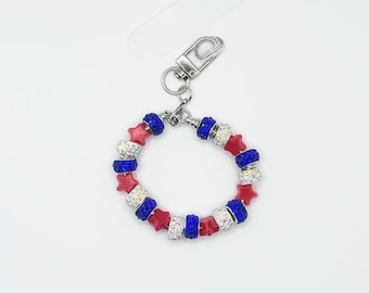 Patriotic Wristlet Keychain | Red White & Blue Silicone Beaded Wristlet | USA Keychain Bracelet | Fourth of July Gift | American Flag Colors