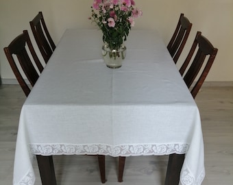 Linen tablecloth 1.65x1.65m, Linen blankets, White tablecloth, Holiday tablecloth, Natural fiber tablecloth