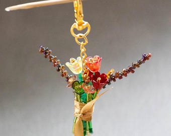 Beaded Flower Purse  bag Charm, Aesthetic Bag Accessory, Handmade Flower Bouquet, Gift for Her, Floral Keychain Charm