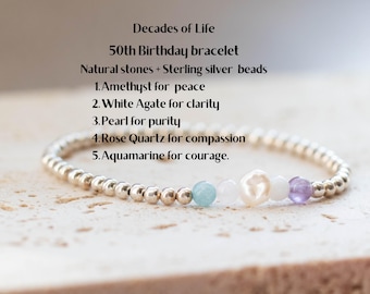 50th Birthday Gift for Mom, 5 Decades Bracelet, 14k Gold Filled, Sterling Silver or Black Seed Beads, Golden Milestone Birthday Jewelry