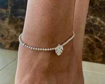 Charm Fußkettchen, Silber Stretch Fußkettchen, Monstera Blatt Charm Fußkettchen, Perlen, Drachen Fußkettchen, Fuchs Fußkettchen, Geschenk für Frauen Freundin, Frau