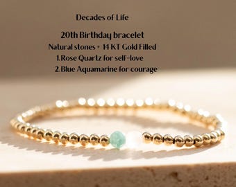 20th Birthday Gift for Her, 2 Decades Bracelet, 14k Gold Filled, Sterling Silver or Black Seed Beads, 20th Anniversary Gemstone Jewelry