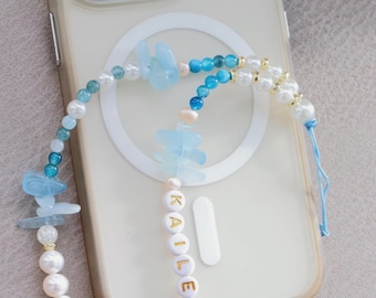 Custom Name Phone Charm • Real Pearl Aquamarine Phone Strap • Gold Hematite Evil Eye Wristlet • Genuine Crystal Beaded Lanyard Gift Her