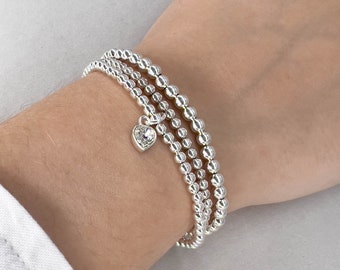Crystal heart charm 925 Sterling silver Stretch Bracelet gift for women mother, Heart charm sterling silver bracelet, Crystal bracelet