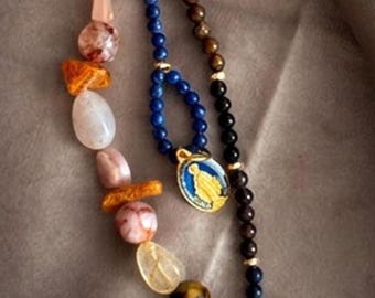 Virgin Mary Bag Charm • Christian Beaded Keychain • Protection Purse Accessory • Natural Gemstone Car Charm • Spiritual Gift for Women